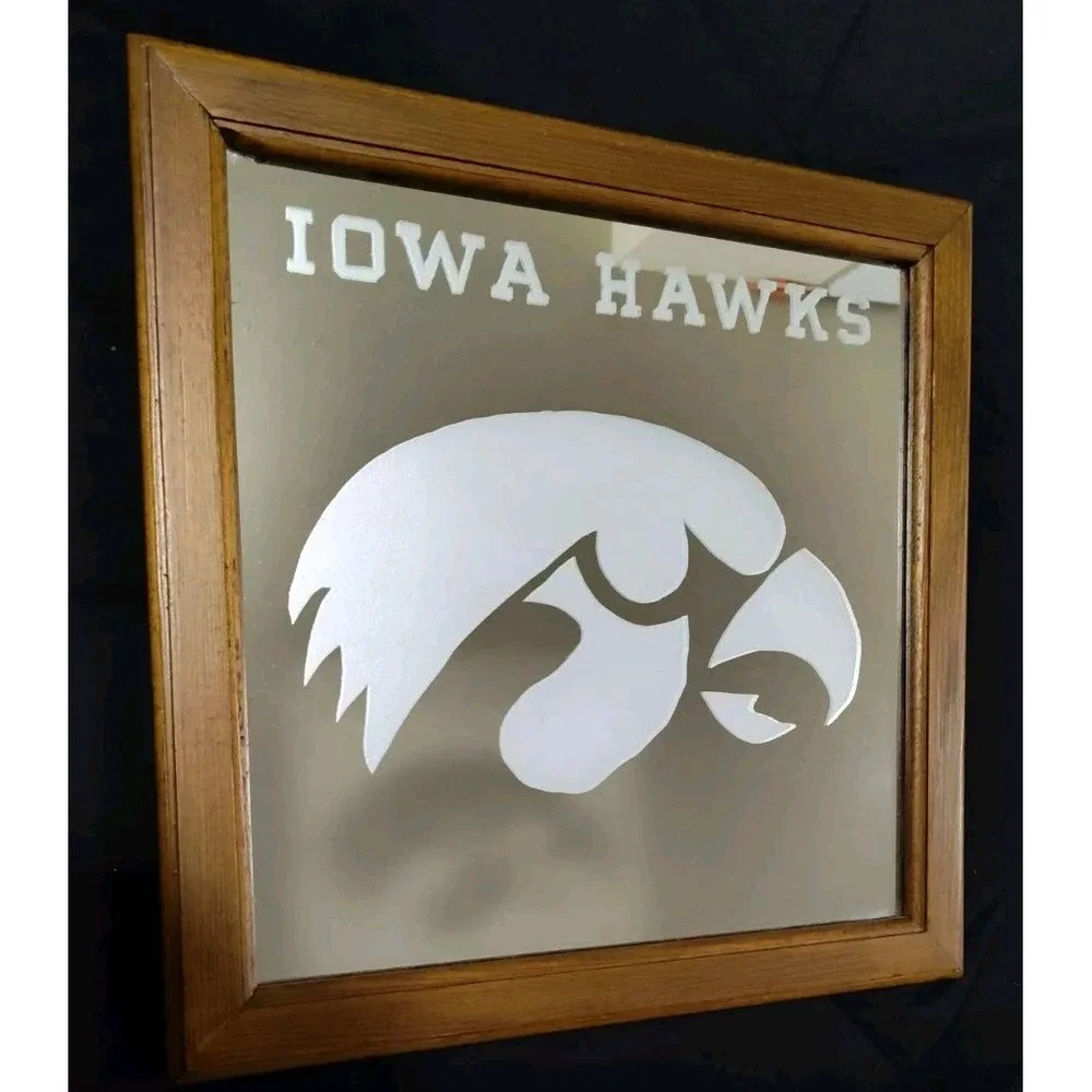 IOWA HAWKEYES 1980s MIRROR VTG homemade 14in X 14in‎ Wood SEE B8.0MA2144